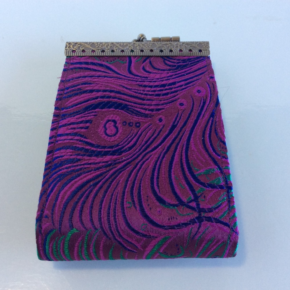 Cathayana Brocade Peacock Feather Card Holder Purple Kiss Lock Wallet
